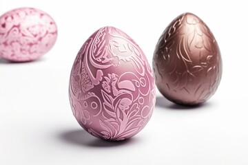 Chocolate Easter eggs with patterned pink foil on a white background. 3D rendering. Generative AI