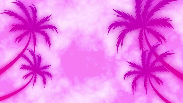 moving palm trees, pink sky and clouds. Barbie concept, seamless footage