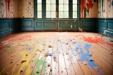 paint splatters on a wooden floor