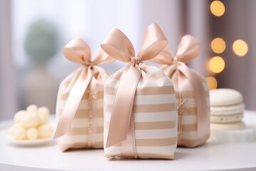 Photo of three gift bags with decorative bows on a table created with Generative AI technology