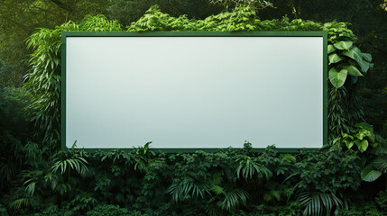 horizontal poster mockup in green plants, billboard blending seamlessly with a lush green forest backdrop, creative template for your advertise message, plants, flowers and the environment banner, AI