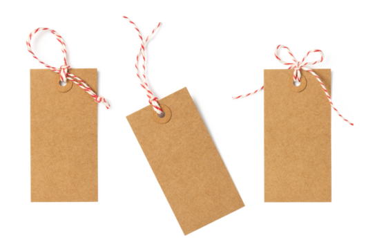 set / collection of three brown natural craft kraft paper hang tags, price tags or gift tags with striped red and white baker's twine, isolated design elements, different positions, PNG