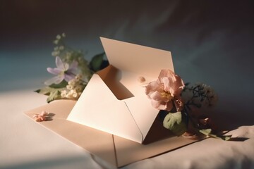 A mockup of an empty wedding invitation or greeting card with an envelope. Generative AI