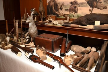 Organized display of hunting prizes. Generative AI