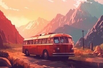 Retro travel bus painting. Red bus in valley with mountains in background. Summer travel vibes on the road. Generative AI
