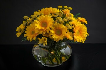 Flowers of yellow daisies arranged in a glass vase. Generative AI