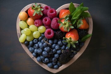 Bowl of mixed produce shaped like a heart. Generative AI