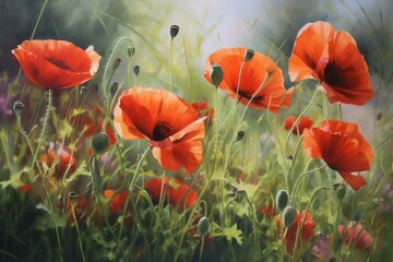 An oil painting of red poppies in a field. Generative AI