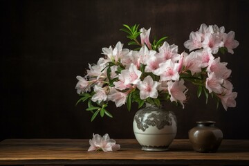 Fototapeta na wymiar Elegant vase with azaleas on wooden table. Generative AI