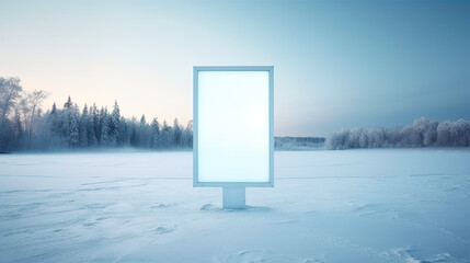 vertical poster mockup in ski station, billboard in the middle standing alone in a vast snowy field in antarctic 