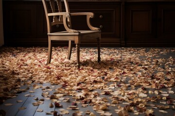 Fototapeta na wymiar Petals cover the floor of a room with a chair in the background. Generative AI