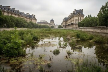 Fototapeta na wymiar Abandoned flooded Paris overrun by plants, depicting climate change and environmental impact. Generative AI