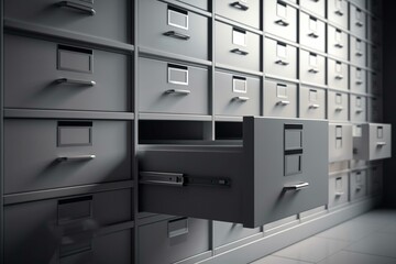 3D illustration of open drawers and filing cabinets. Generative AI