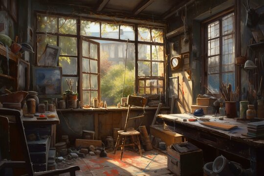 A painting of an old workshop filled with tools and objects, inside an old building with large windows letting in light. Generative AI