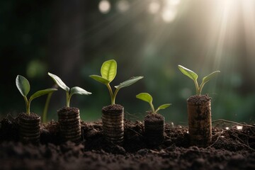 Coin stack with growing seedlings representing finance growth and investment. Generative AI