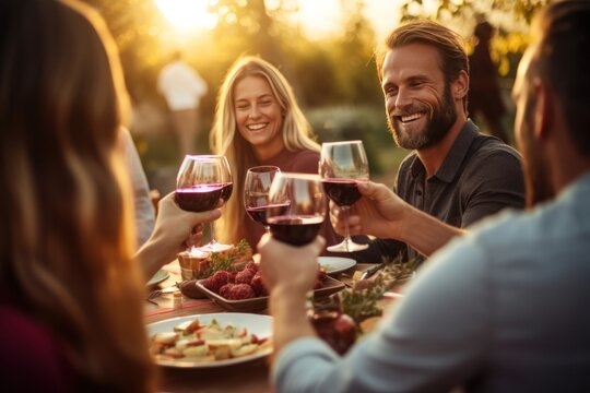 Woman raises her wine glass to a couple of friends