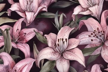 Pink watercolor pattern of stargazer lilies repeating seamlessly. Generative AI