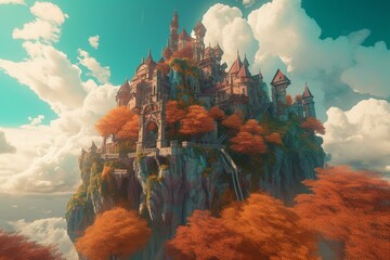 A castle in the clouds with intricate details and vibrant color-graded scenes. Generative AI