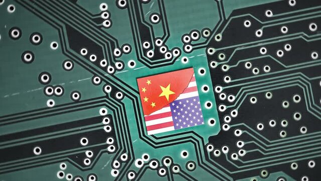 Tech war between China and the USA. Flag of USA and China on a microprocessor