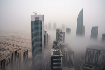 Foggy Dubai skyline in winter. Generative AI
