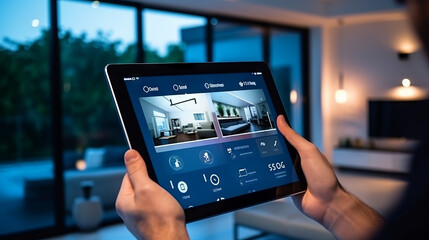 Smart home house concept. Remote control, home management and IOT, connection with devices through home network via Internet of things. Futuristic innovative technology augmented reality - obrazy, fototapety, plakaty