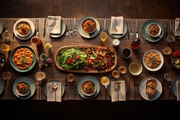 overhead shot of a beautifully set dining table with homemade dishes