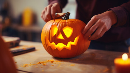 Hands carving a pumpkin, decorating for halloween, jack o lantern, close up of a man's hands carving a pumpkin for halloween, autumn, fall, decoration, candles, tradition