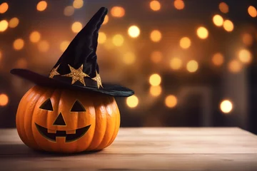 Foto op Canvas jack o lantern with a witch hat, wizard hat, pointy hat,  pumpkin with a funny face, carved pumpkin, halloween decoration, on a wooden table, cute pumpkin, lantern, jack © Ncorp
