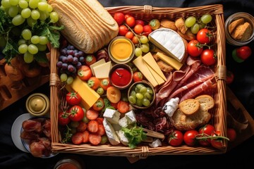 overhead view of a wicker picnic basket filled with sandwiches, fruits, and drinks