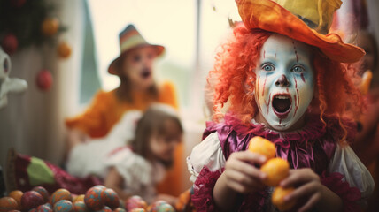 children in costume eating candies, disguised for halloween,  children celebrating hallowing, candies, candles, jack o lantern, pumpkins, autumn, halloween treats and sweets, children having fun