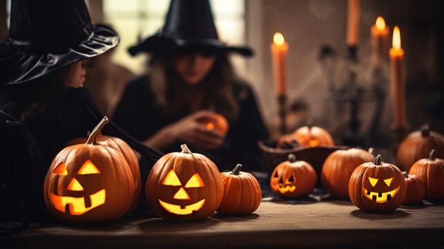 teens disguised as witches and wizards for halloween, children celebrating hallowing, candies, candles, jack o lantern, pumpkins, autumn, halloween treats and sweets, children having fun