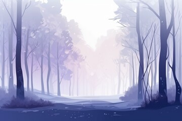 Winter forest scene with blue and purple mist, snow-covered trees. Serene woodland banner. Generative AI