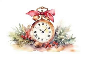 Vintage watercolor clock with bow, Christmas berries and pine needles. Isolated on white. For design, print or background. Five minutes to midnight. Generative AI