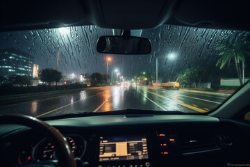 Nighttime view of rainy Thailand seen through a wet windshield and a bright dashboard. Generative AI