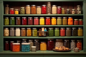 colorful assortment of canned goods on pantry shelf - obrazy, fototapety, plakaty