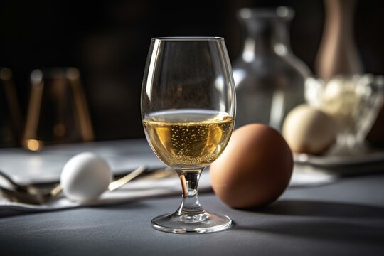 A freestanding image of a glass of eierlikör with a whole egg and an egg cup in the background. Generative AI