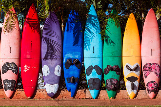 Colorful surfboard fence on Maui island