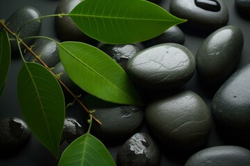 Obraz na płótnie Canvas Green foliage and smooth stones for a relaxing spa experience. Generative AI