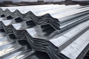 Piles of steel wave sheets with zinc, for roofs. Made in 3D. Generative AI - obrazy, fototapety, plakaty