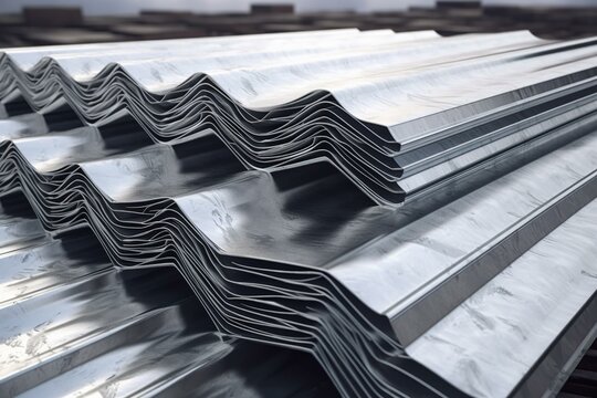 Piles of steel wave sheets with zinc, for roofs. Made in 3D. Generative AI