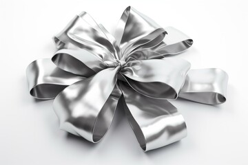 Silver ribbon bow isolated on white background. 3D rendering. Generative AI