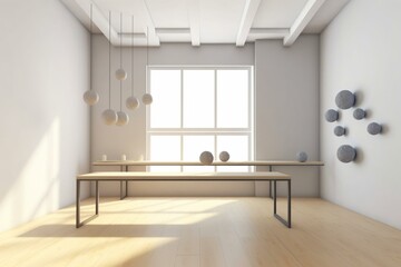 A 3D business concept room with empty walls, balanced with spheres, cubes and a table. Clean apartment with a window. Generative AI