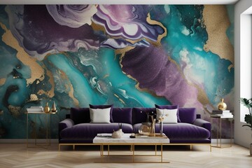 Stylish modern art with purple & turquoise tones, featuring marble swirls, agate ripples & gold glitter. Perfect for stunning wallpaper. Generative AI - obrazy, fototapety, plakaty
