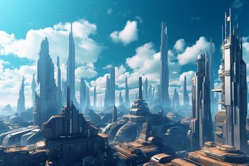 Futuristic megalopolis with towering skyscrapers under sunny skies. Generative AI
