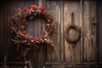 festive wreath hanging on a rustic wooden door