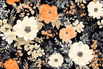 Seamless pattern - repeatable texture of colorful flowers on black background