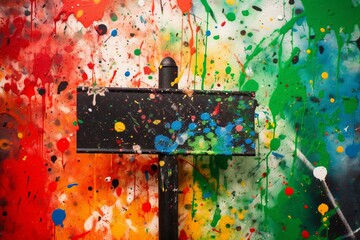 Street signpost on colorful paint splatters. Generative AI