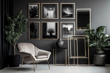 Monochrome metallic room with frames, chair, and plants. Generative AI
