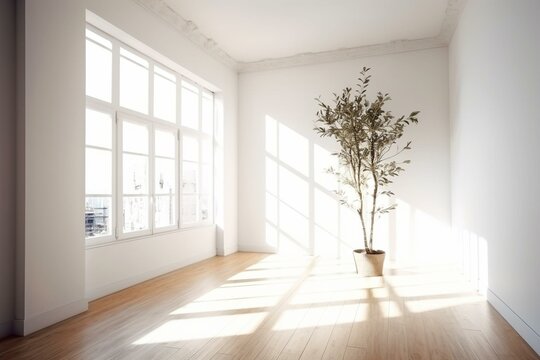 Bright empty room with modern decor and natural light. Generative AI