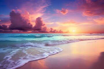 Fototapeta na wymiar Sea sand sky concept, sunset colors clouds, horizon, horizontal background banner. Inspire nature landscape, beautiful colors, wonderful sun rays, tropical beach